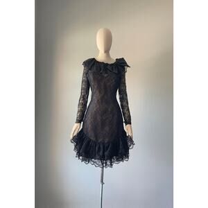 Vintage 1980s Black Lace Cocktail Dress by Victor Costa  SMALL